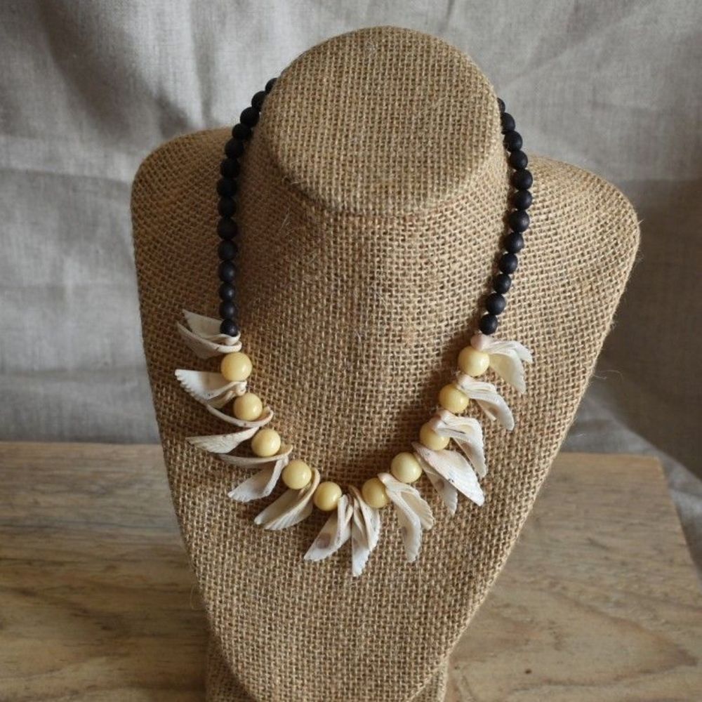 Vintage Shell and Wood Beads Fringe Focal Necklace 16"